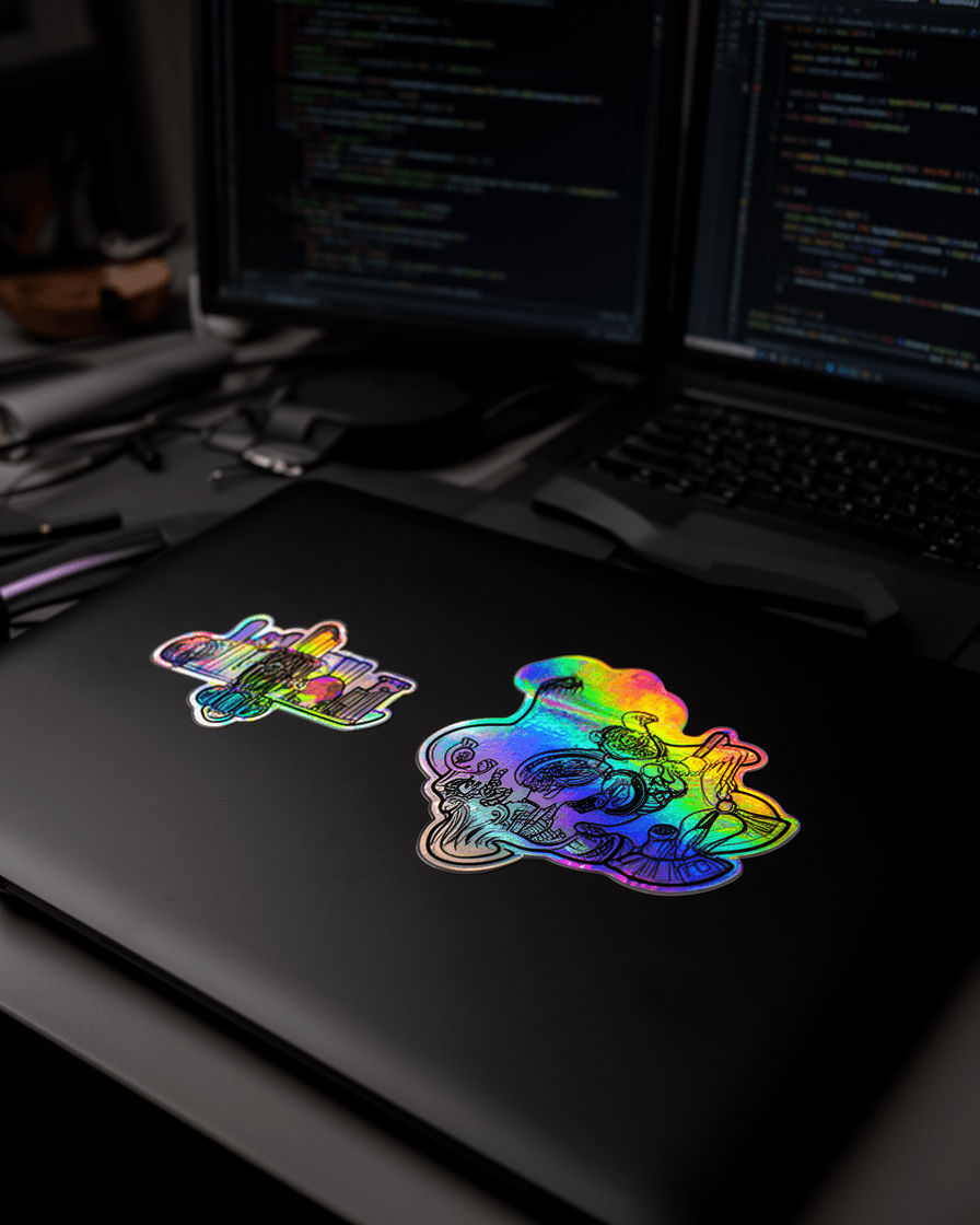KOAI die-cut holographic stickers applied to a laptop lid